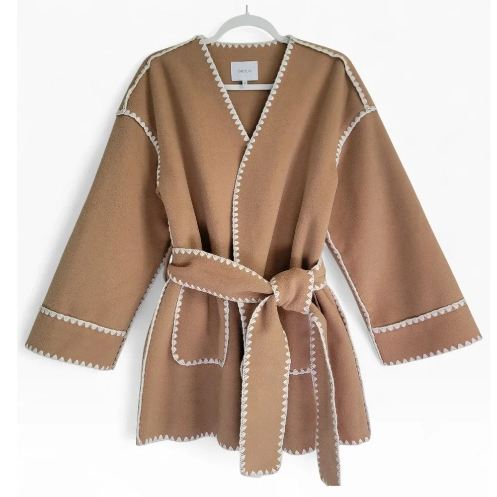 Greylin Camel Brown Blanket Stitch Wrap Jacket Tie Waist Coat Medium
